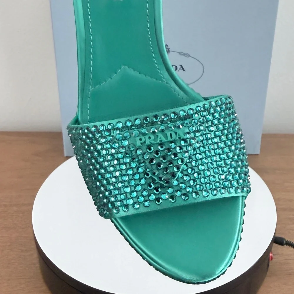 Prada Crystal‑Embellished Satin Platform Sandals Aqua Green Made in Italy. UK 36